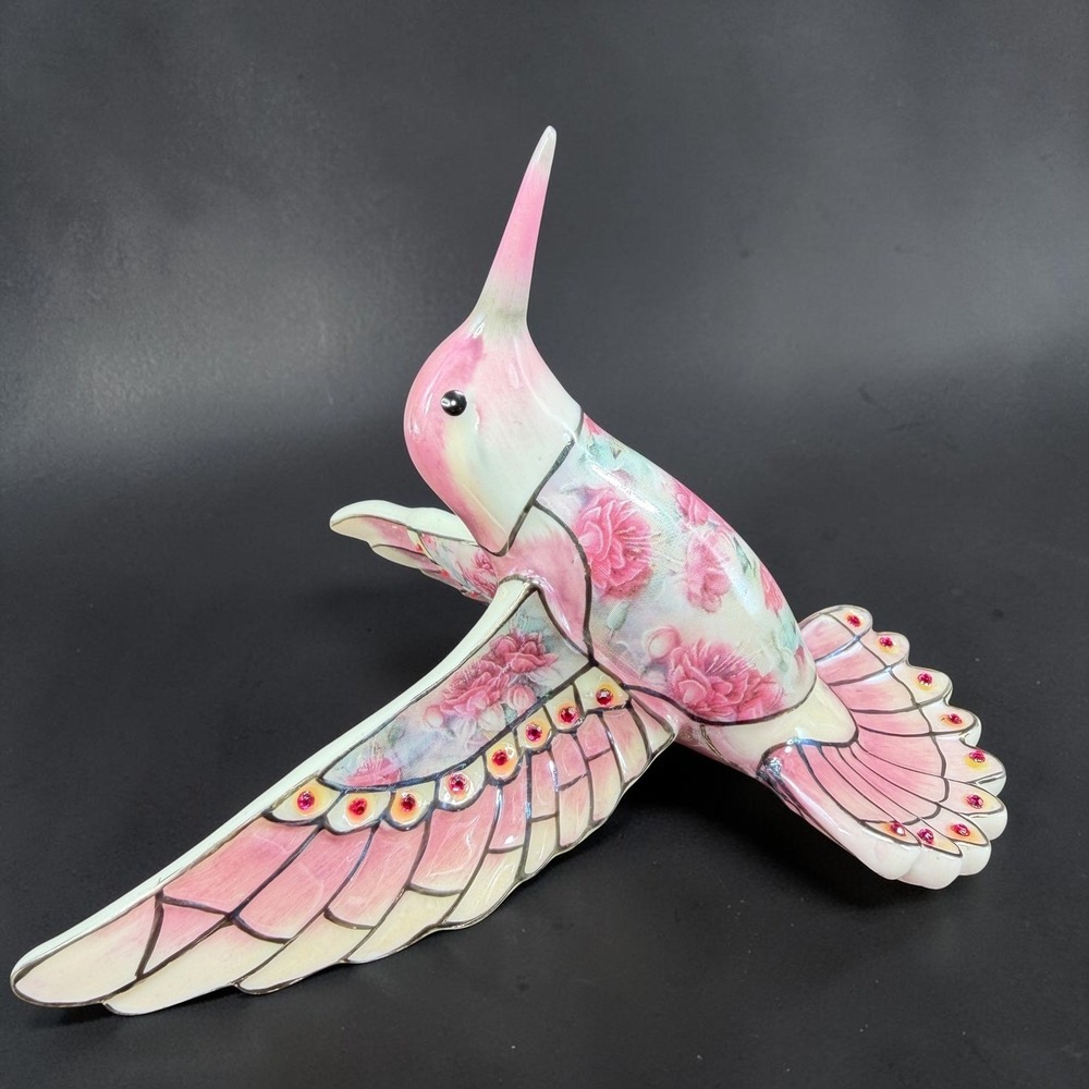 2004 Heirloom Porcelain Hummingbird Ornament Pink Floral Rose Rhinestone 4in